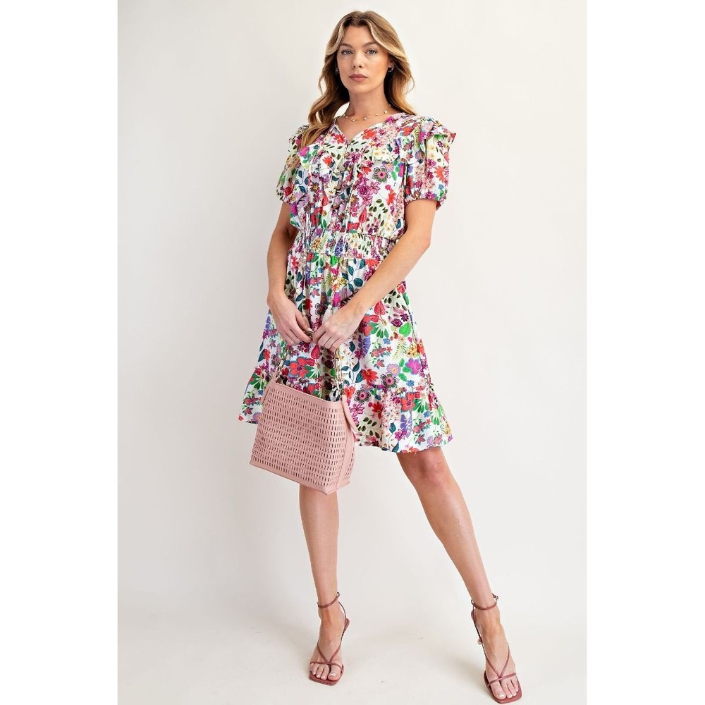 Easel Floral Print Peach Blossom Tiered‎ Dress Smocked Waist Ruffle New small